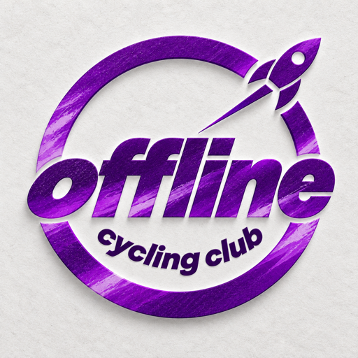 Fialový znak offline cycling club s raketou na světle šedém pozadí